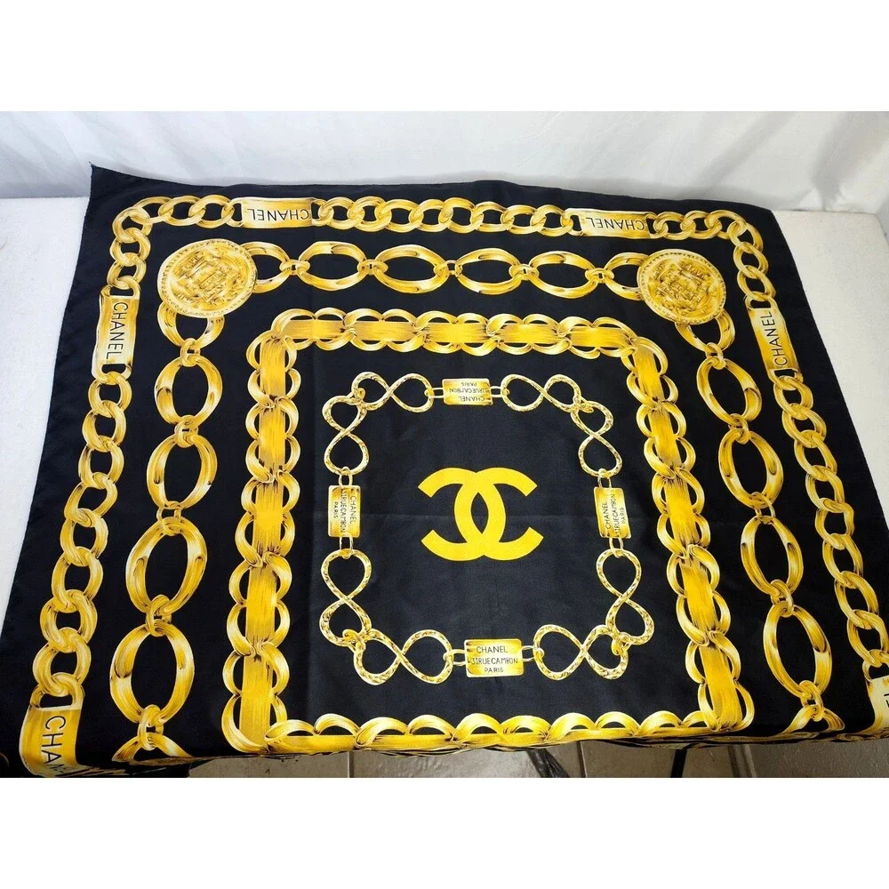 Vintage Chanel CC 31 Rue Cambon Paris Chain Link Black & Gold Silk Scarf Wrap